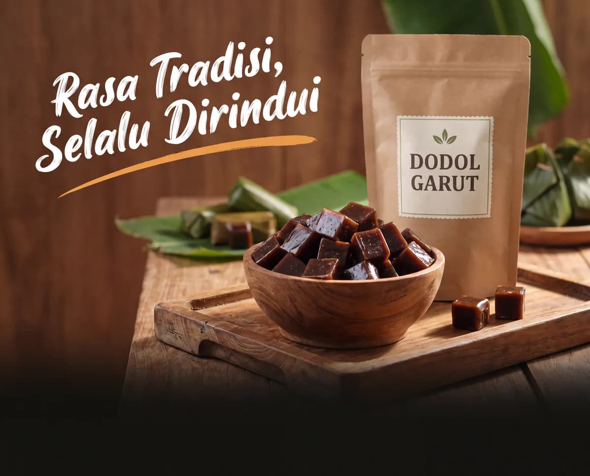 Dodol Garut di mangkuk kayu dengan kemasan kertas, dengan tulisan “Rasa Tradisi, Selalu Dirindui”